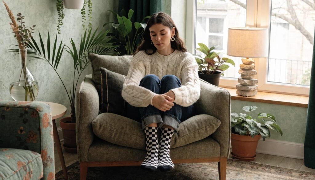 Woman in a cozy room reflecting on chronic pelvic pain experiences