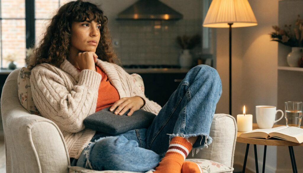 Woman using a heating pad, representing the experience of endometriosis symptoms