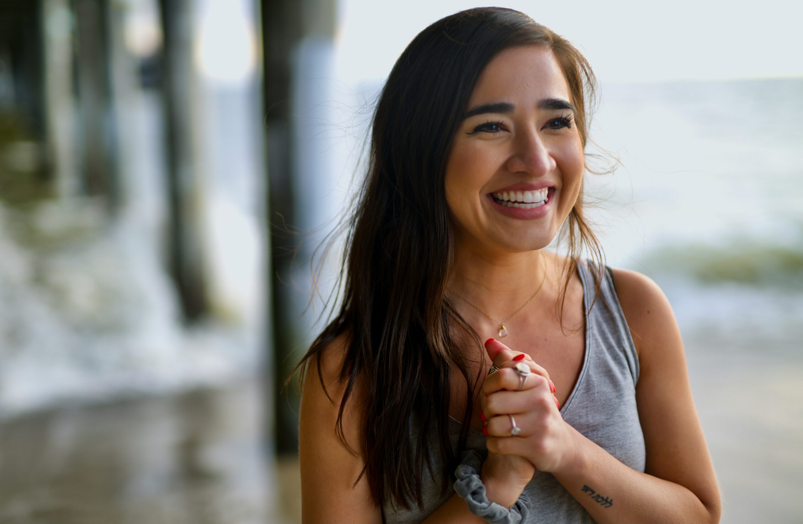 A woman smiling