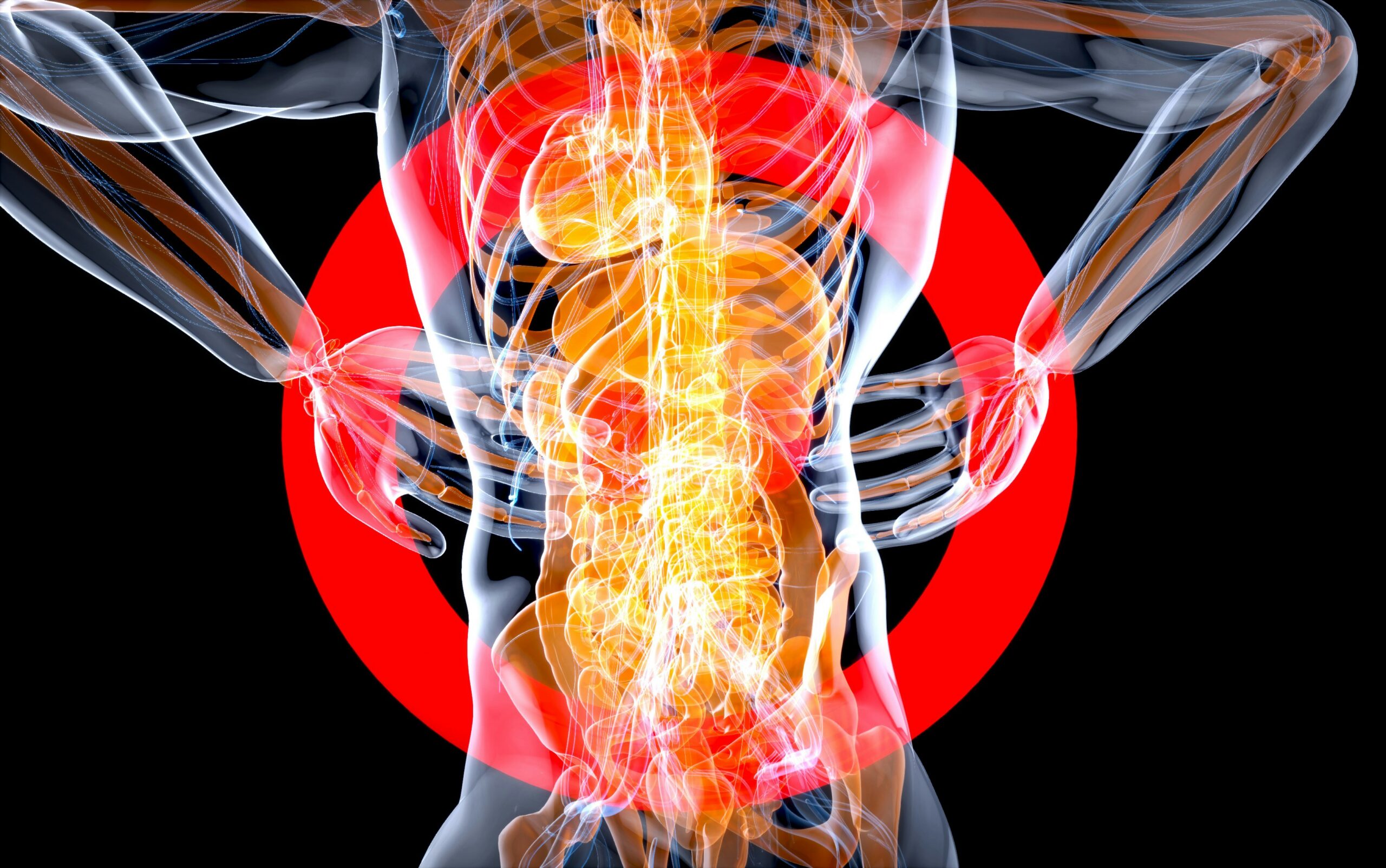 A skeleton holding its pelvic region