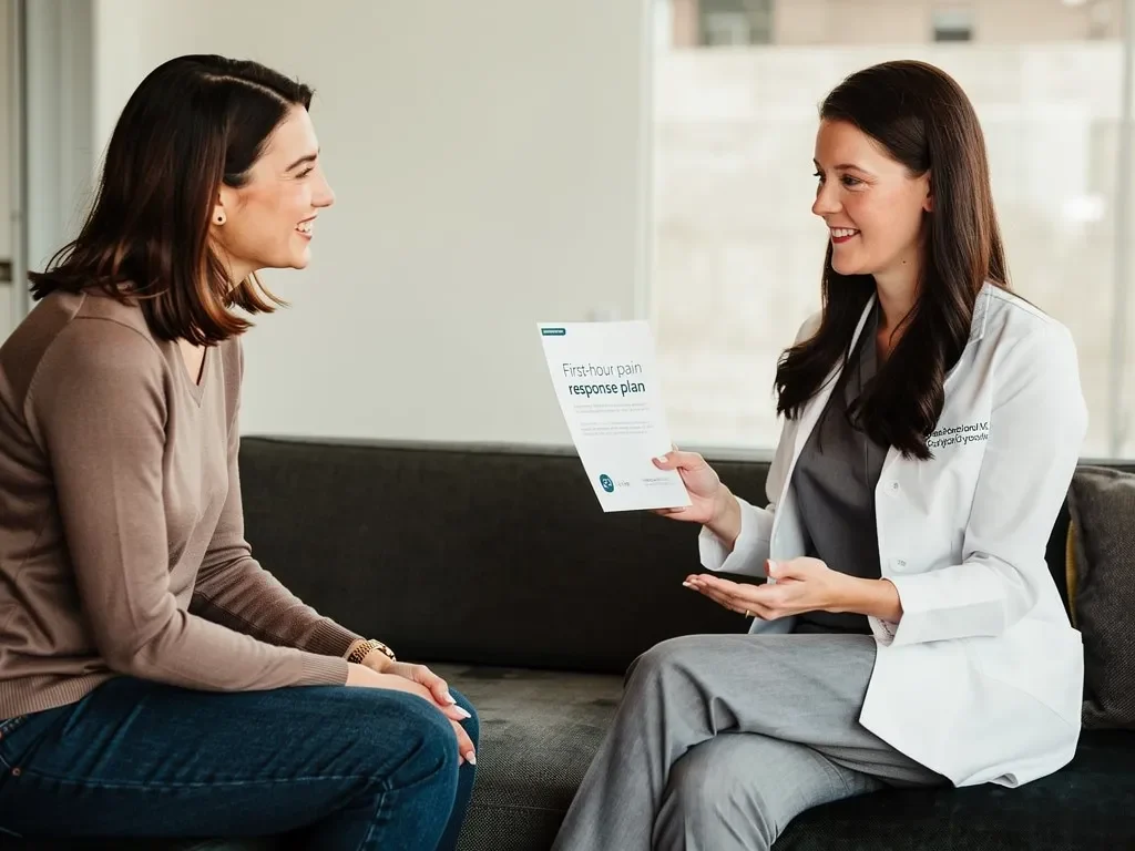 Doctor explaining a first-hour endometriosis flare response plan to a female patient in a clinic