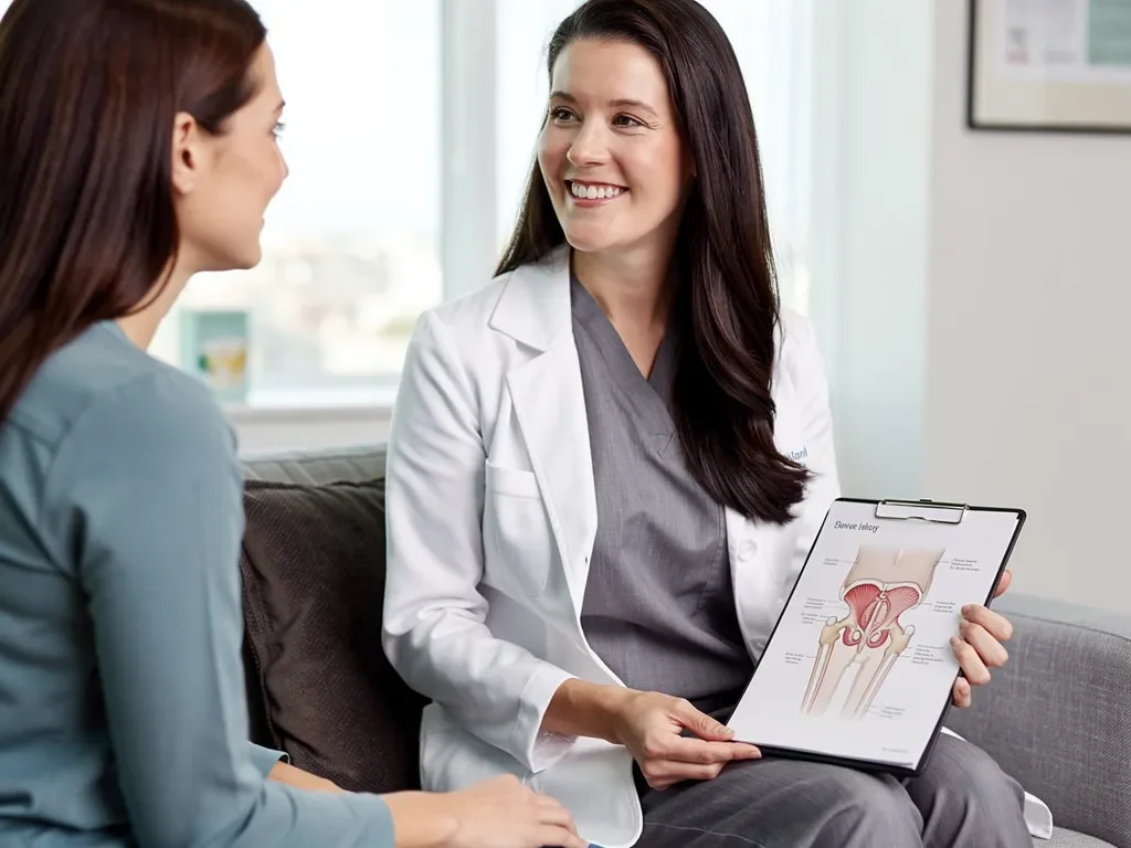 Female patient and doctor discussing pelvic muscle guarding and gentle movement strategies in a medical