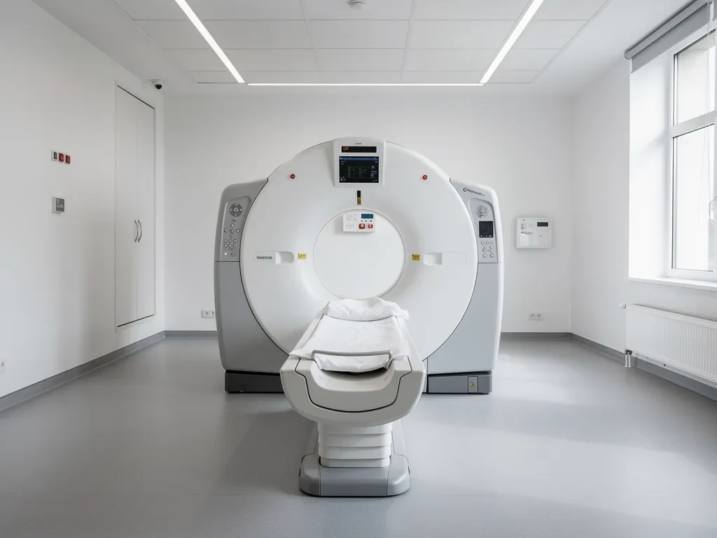 Hospital MRI scanner room wide angle view, sterile environment, no people