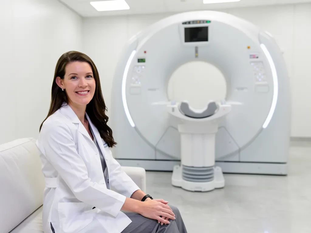 Large MRI machine side view in bright hospital scanning room, no people