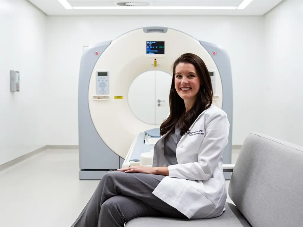 MRI machine front view in modern hospital radiology department, no people