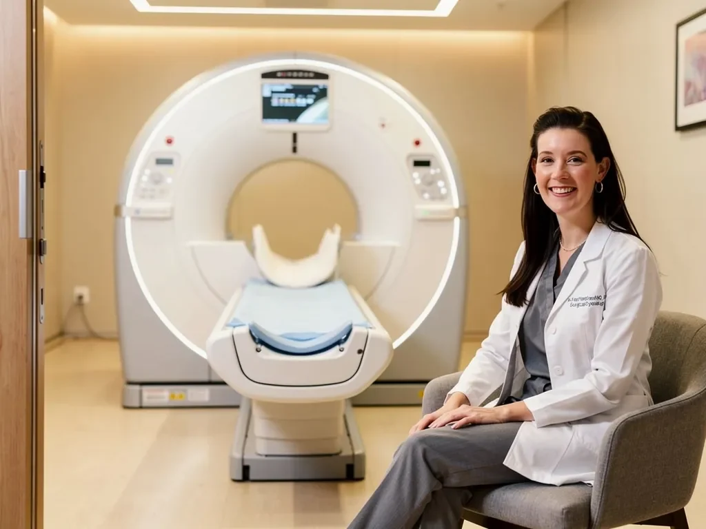 MRI machine in a hospital room viewed from the doorway, clean clinical setting, no people