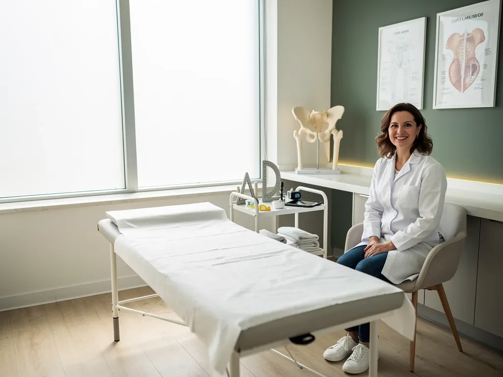 Pelvic floor physical therapy evaluation room with exam table and anatomical assessment tools