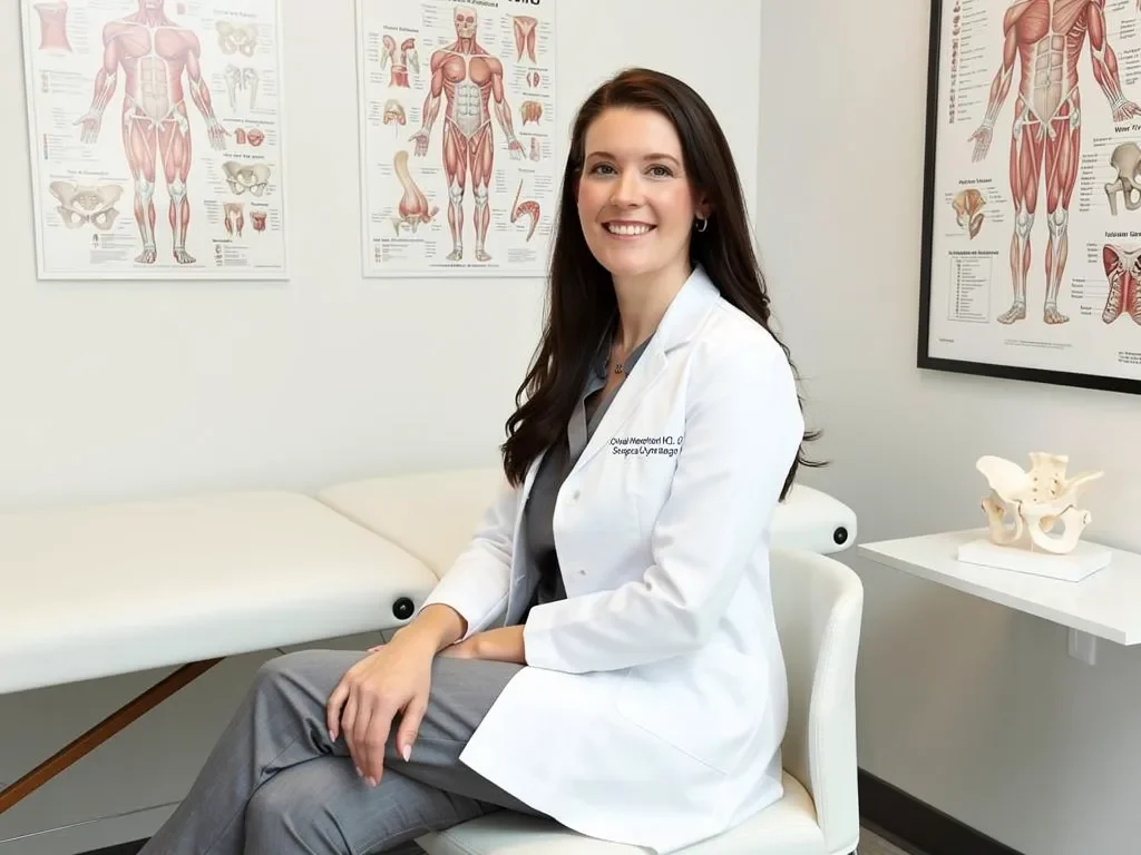 Pelvic floor therapy clinic room with treatment table, medical charts, and anatomical models