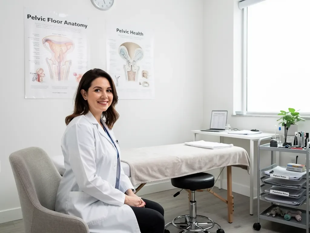 Pelvic floor therapy consultation room with anatomy posters and clinical treatment table