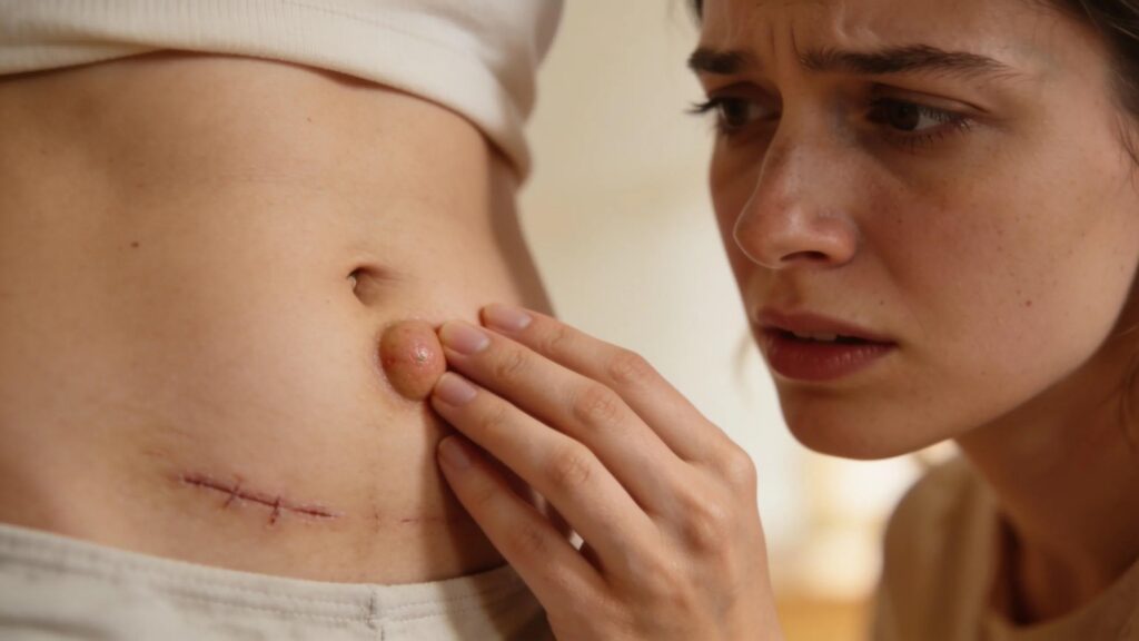 Woman examining painful lump near surgical scar, representing abdominal wall endometriosis