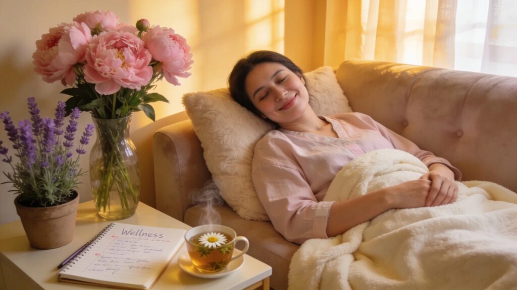 Patient recovering at home after endometriosis surgery, surrounded by supportive elements
