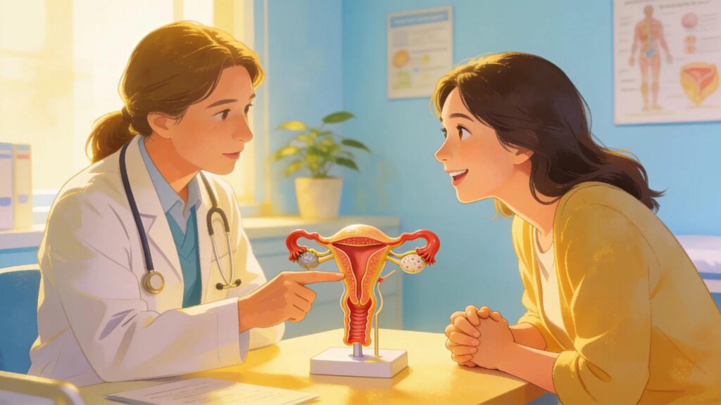 Patient consulting with a doctor about endometriosis excision surgery in a bright hospital room