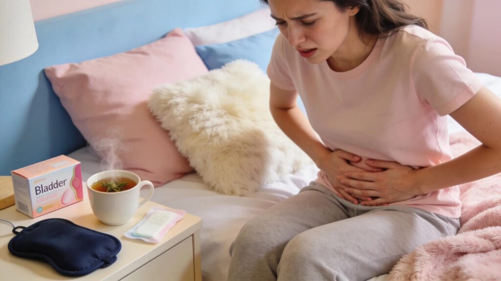Woman experiencing bladder pain during menstruation in a cozy setting with self-care items
