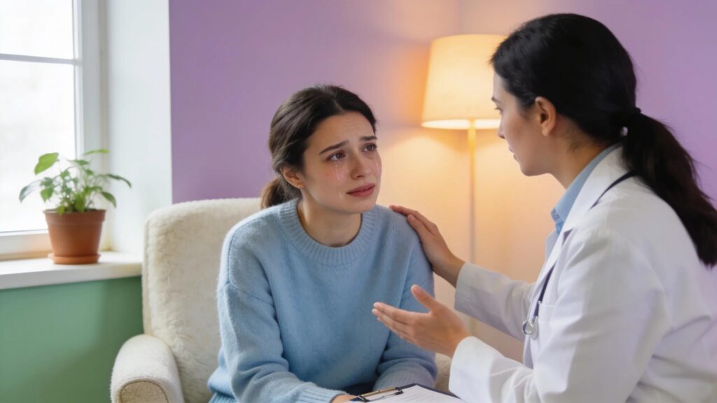 Woman consulting with a healthcare provider about endometriosis management in a calming environment