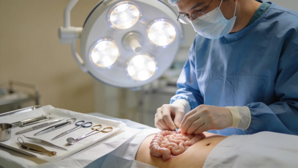 Surgeon performing bowel surgery in an operating room, showcasing advanced medical techniques