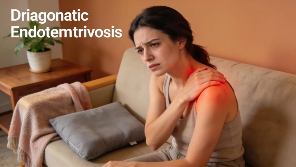 Woman experiencing right shoulder pain, portraying the emotional impact of diaphragmatic endometriosis