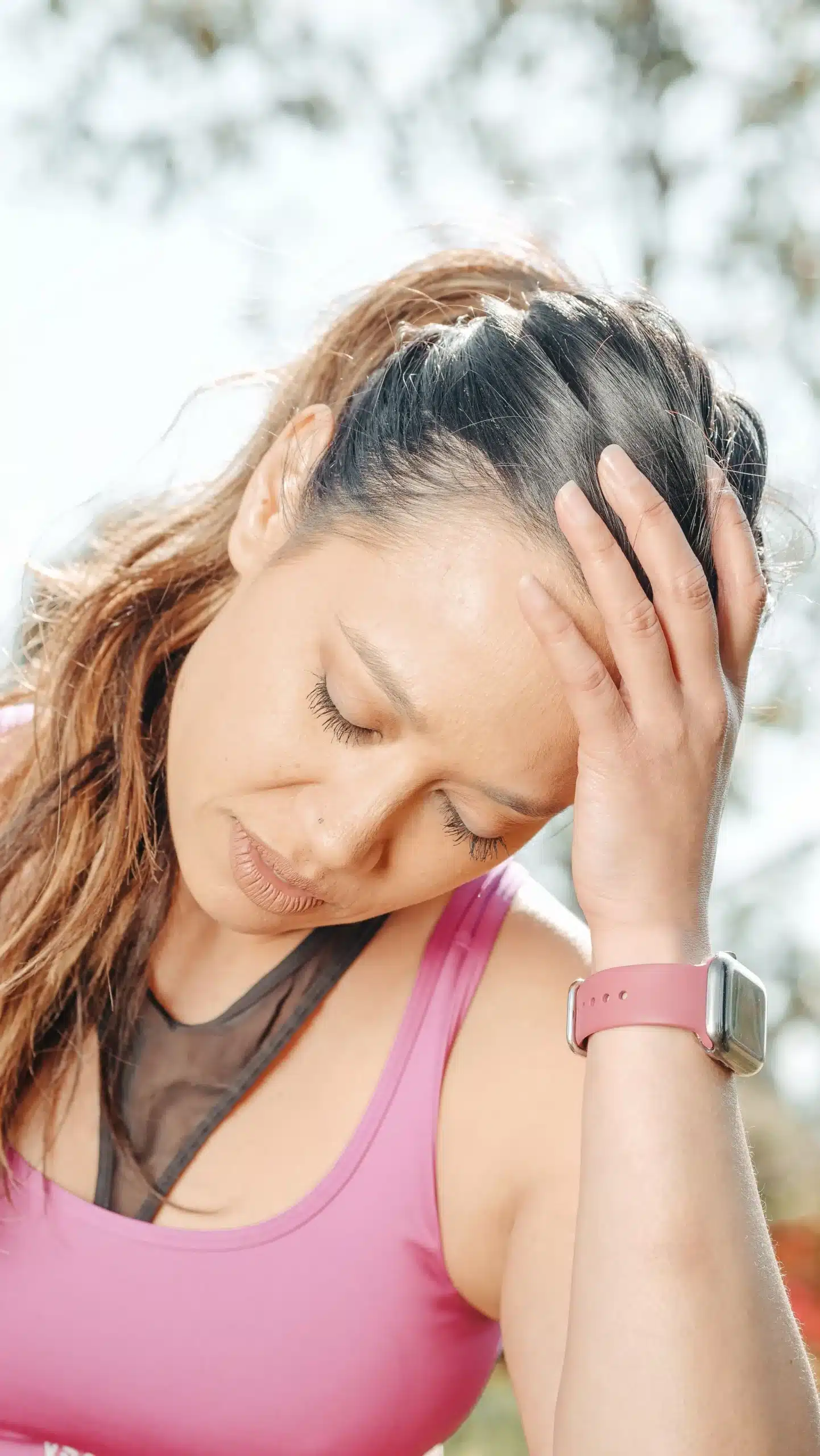 A woman stressed out due to endo belly