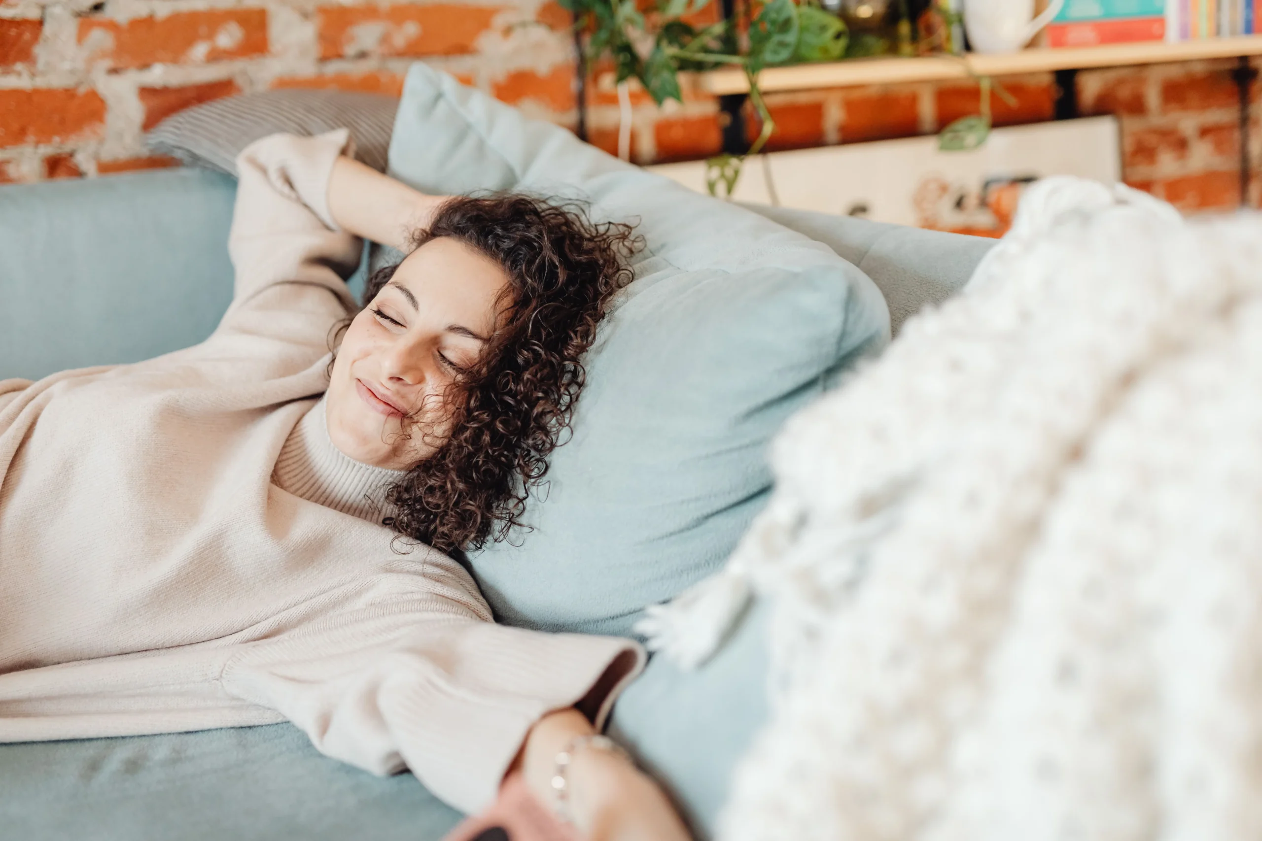 A woman waking up from a nap